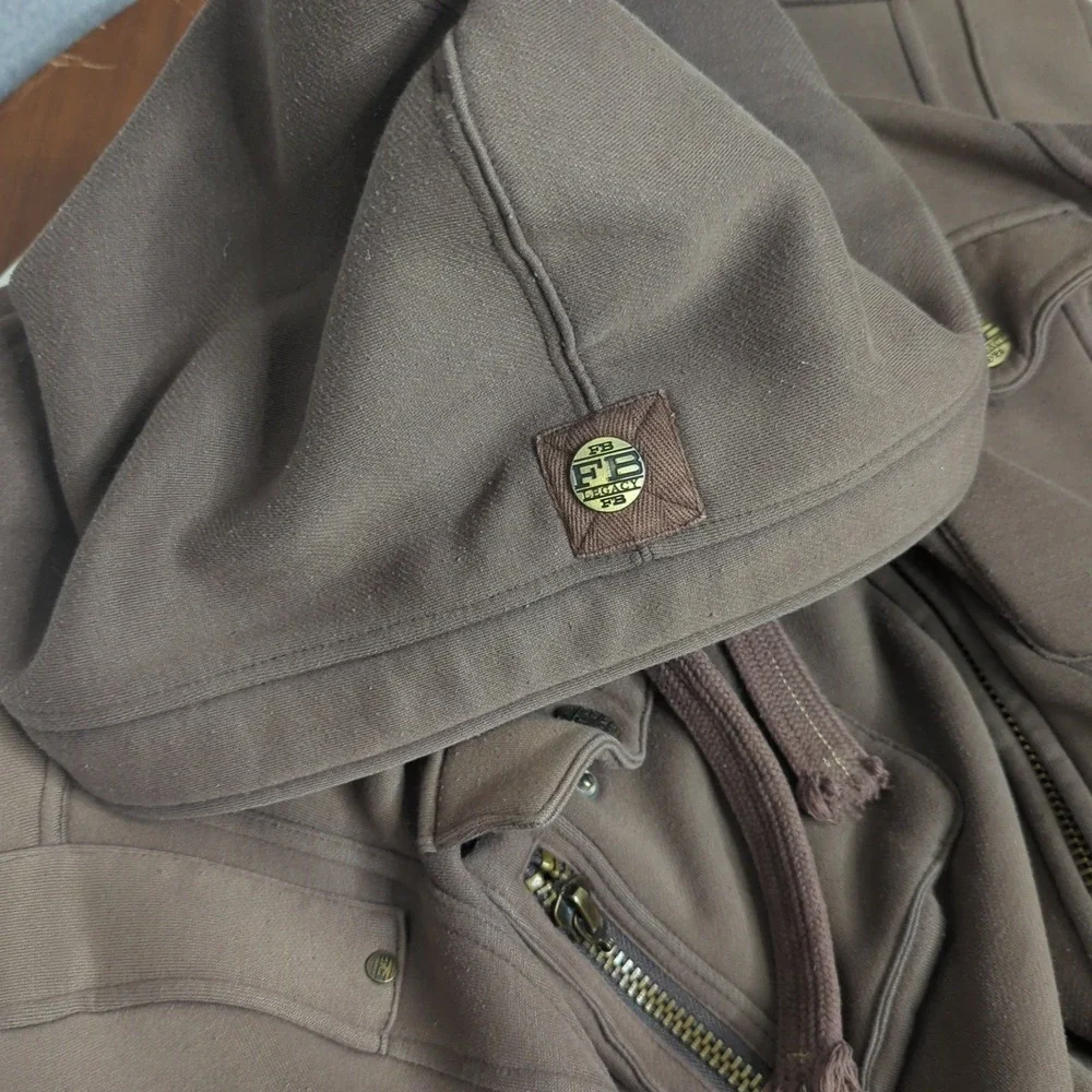 Vintage Brown Cargo Hooded Jacket L Full Zip Distressed Y2K Streetwear Spell out